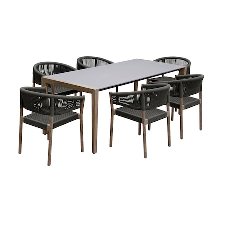 Armen Living Fineline and Doris Indoor Outdoor 7 Piece Dining Set in Light Eucalyptus Wood SETFLDILT7DOCH